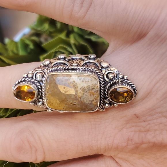 New Oversized Fossil Coral & Citrine 925 Silver Statement Ring. - Picture 5 of 13